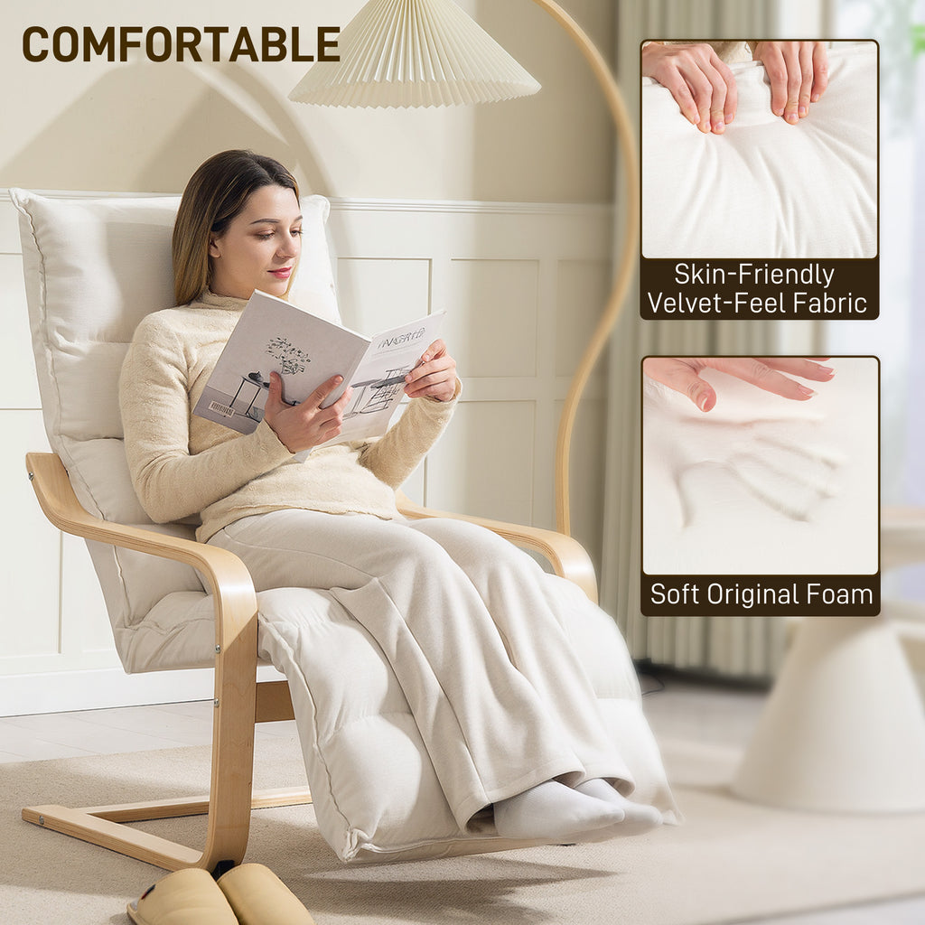 Accent Chair, Velvet Upholstered Living Room Chair with Footrest, Wood Frame, Cream White