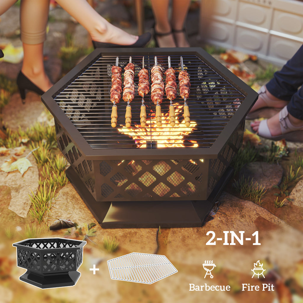 28" Outdoor Fire Pit Wood Burning Firepit with BBQ Grill, Spark Screen, Poker for Patio Backyard Camping Picnic Bonfire