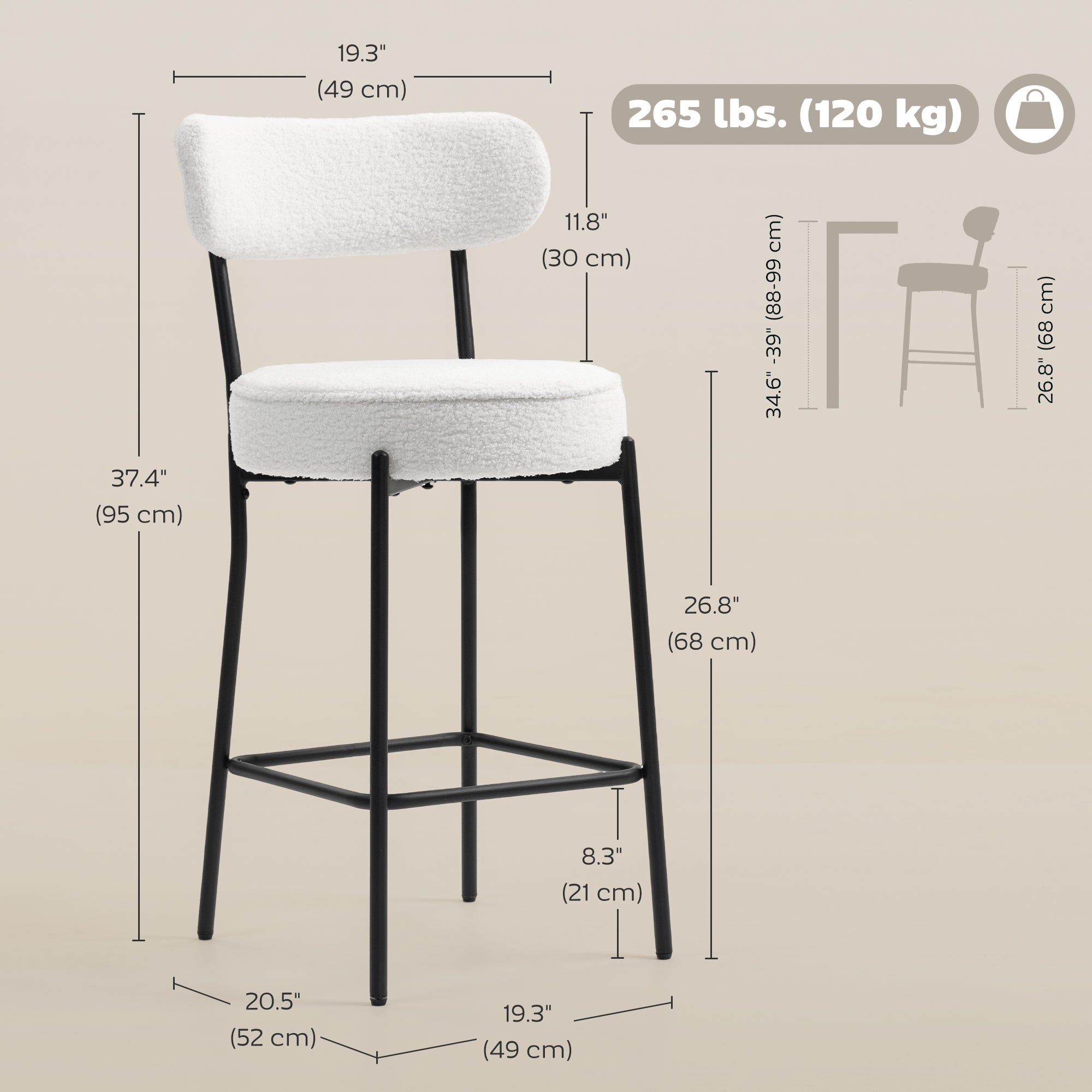 Set of 2 Barstools, Upholstered Bar Stools with Backrest, Footrest for Kitchen Island, Dining Room, Cream White