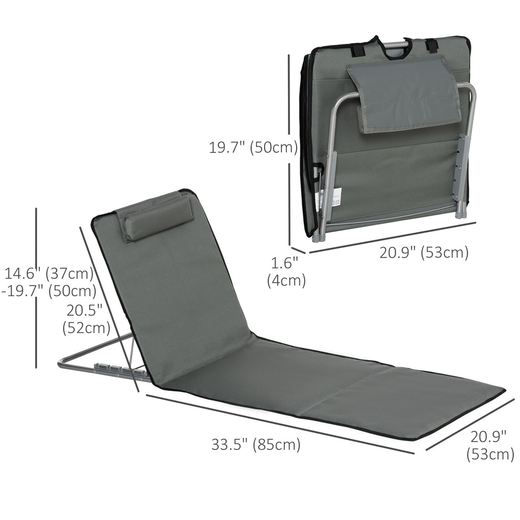 Set of 2 Sun Lounger Beach Mat Folding Lounge Chair Mat with Adjustable Back Steel Frame Head Pillow Carry Bag Grey