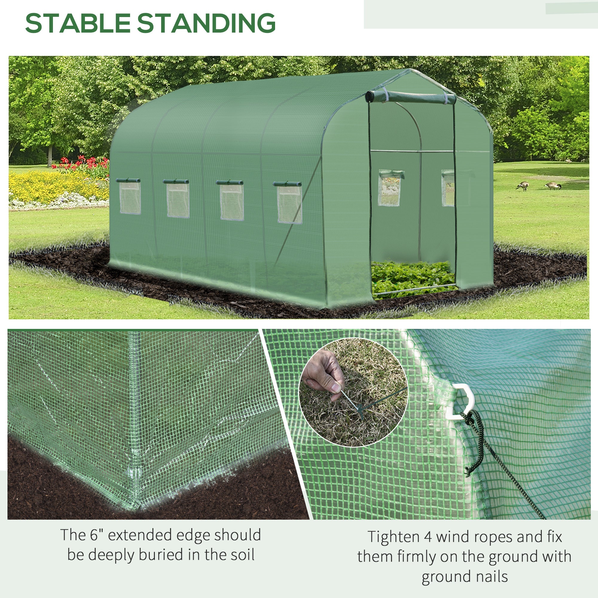 13'x6.6'x6.6' Polytunnel Greenhouse Walk in Greenhouse with Windows, Door & Wind Resistance Level 5, Green