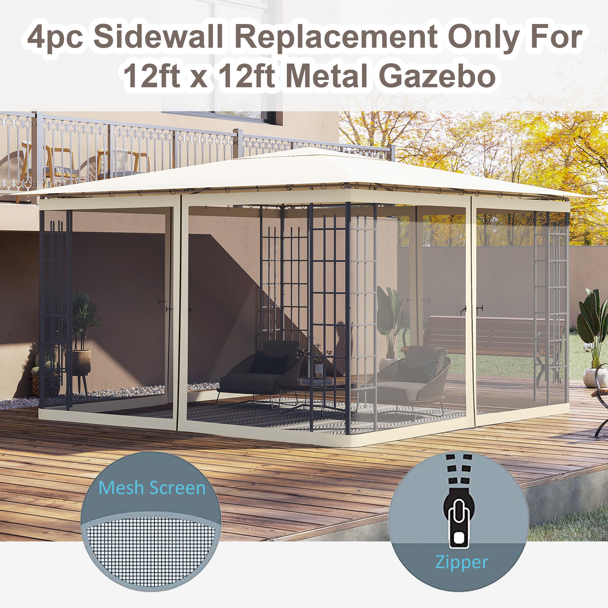 Replacement Mosquito Netting for Gazebo 12' x 12' Black Screen Walls for Canopy with Zippers for Parties and Outdoor Activities, Cream White