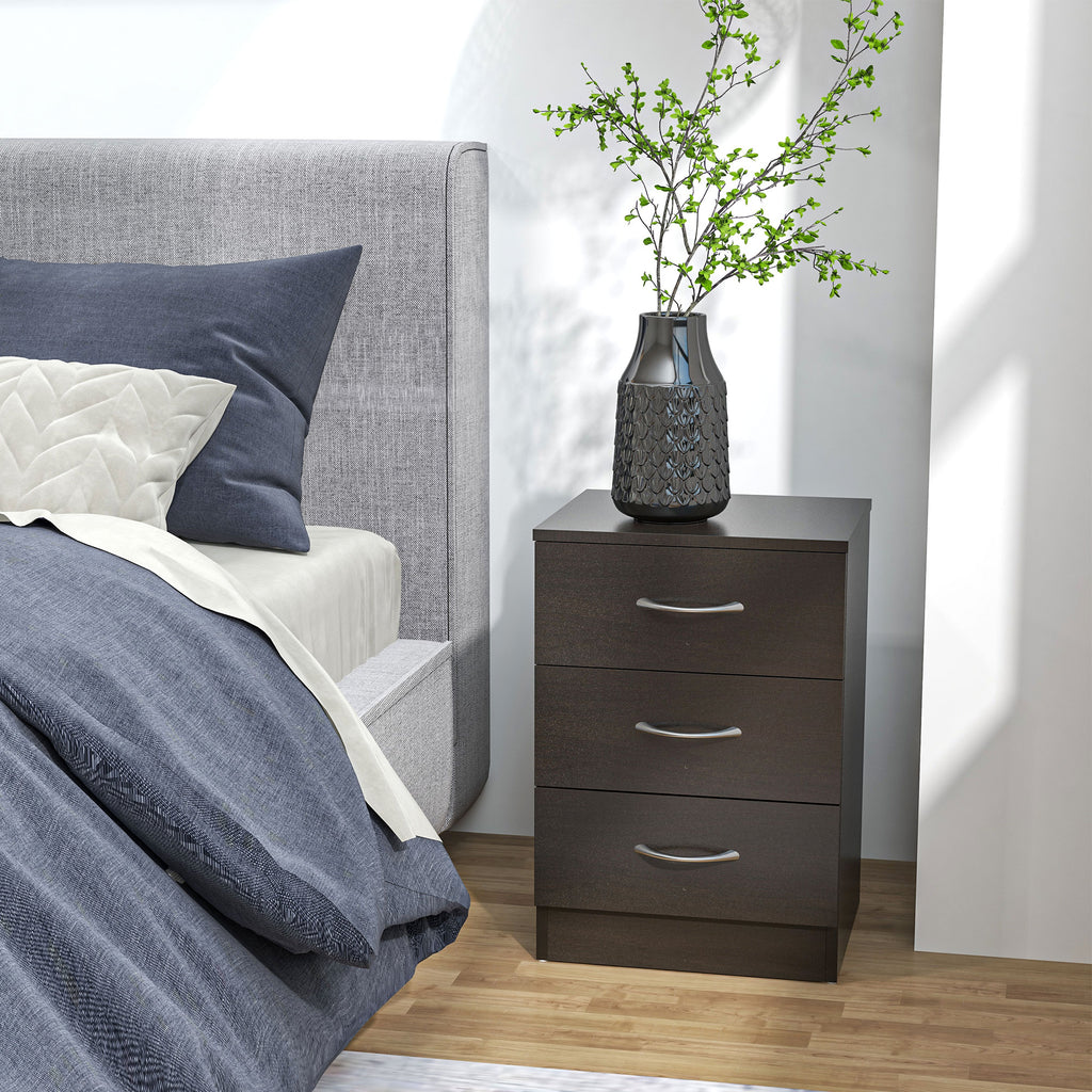 Bedside Table with 3 Drawers, Modern Wood Nightstand, Side Table with Anti-tipping Design for Bedroom, Set of 2, Dark Brown