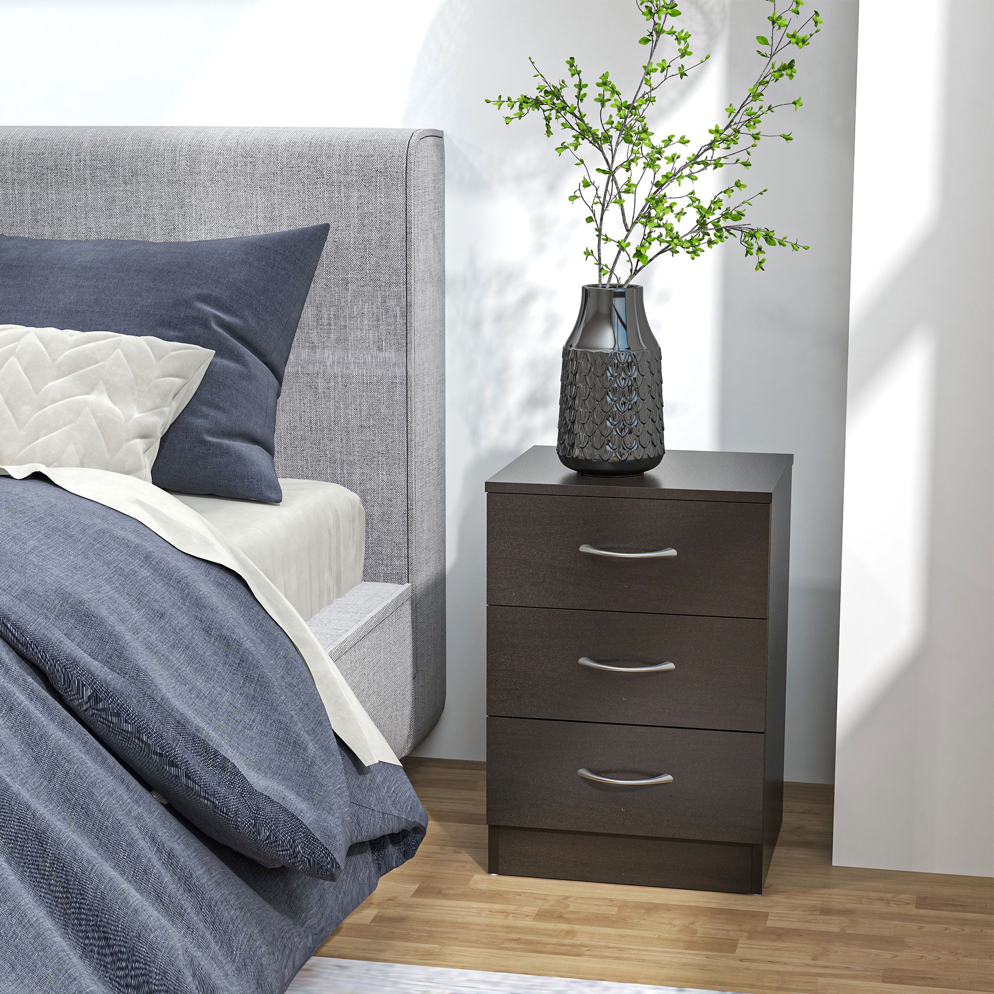 Bedside Table with 3 Drawers, Modern Wood Nightstand, Side Table with Anti-tipping Design for Bedroom, Set of 2, Dark Brown