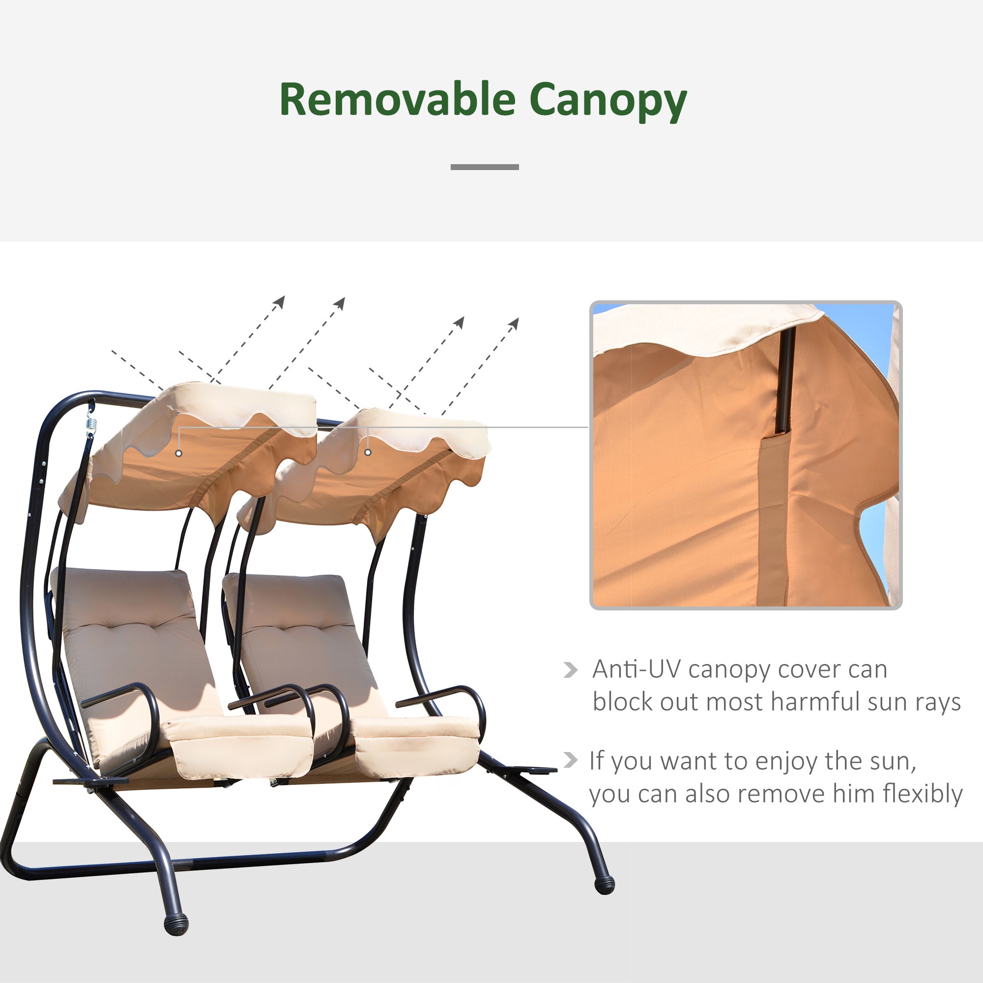 Luxury Porch Swing Metal Outdoor Swing Chair 2 Separated Seater Hammock Heavy-Duty with Canopy and Cushions, Beige