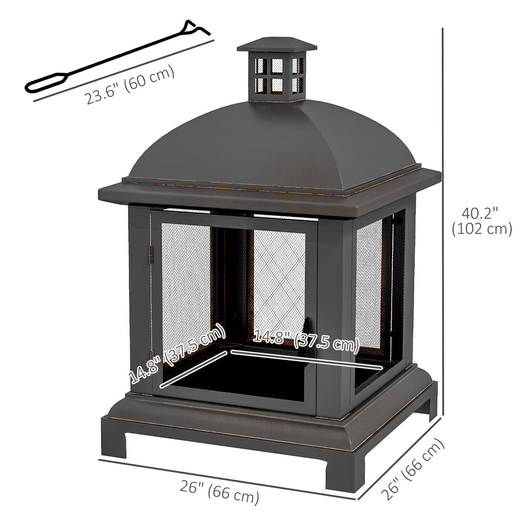 Wood-Burning Fire Pit, Chimney Style Firepit with Poker, 26" x 26", Black