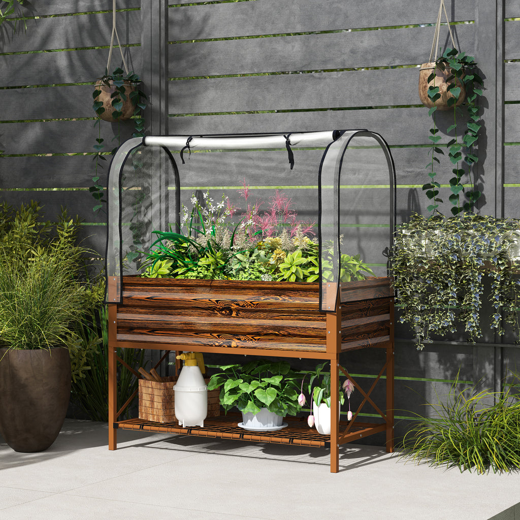 Raised Garden Bed with Cover, Metal Elevated Planter Box with Bottom Shelf and Liner, Dark Brown Wood Effect