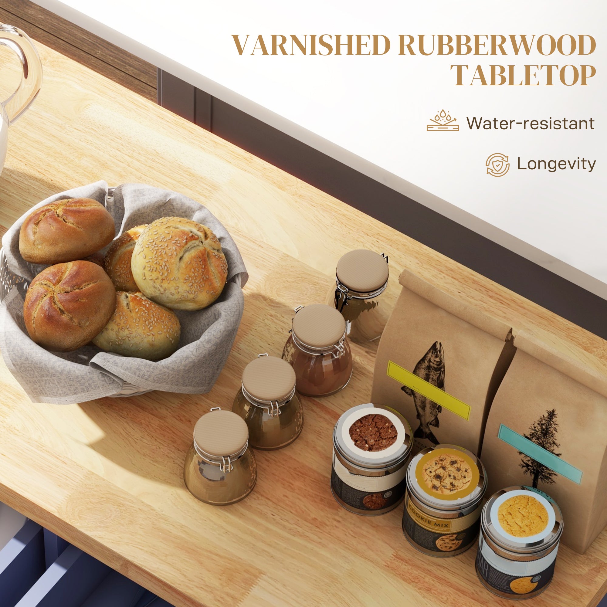 Kitchen Island with Storage, Rolling Trolley Cart with Rubber Wood Top, Spice Rack, Towel Rack, Navy Blue