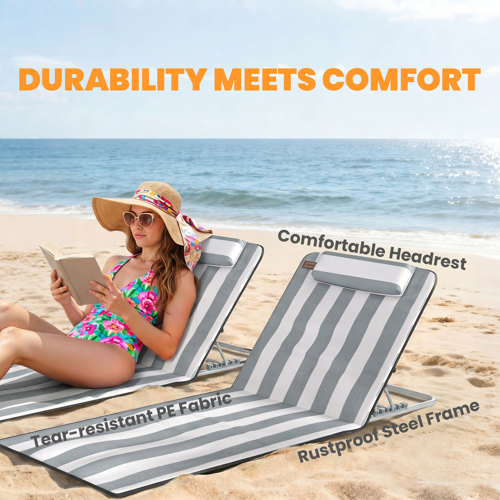 2 Pieces Beach Lounge Chair, Outdoor Folding Chaise Lounge Set w/ Pillow for Sunbath, Snap, Light Grey and White