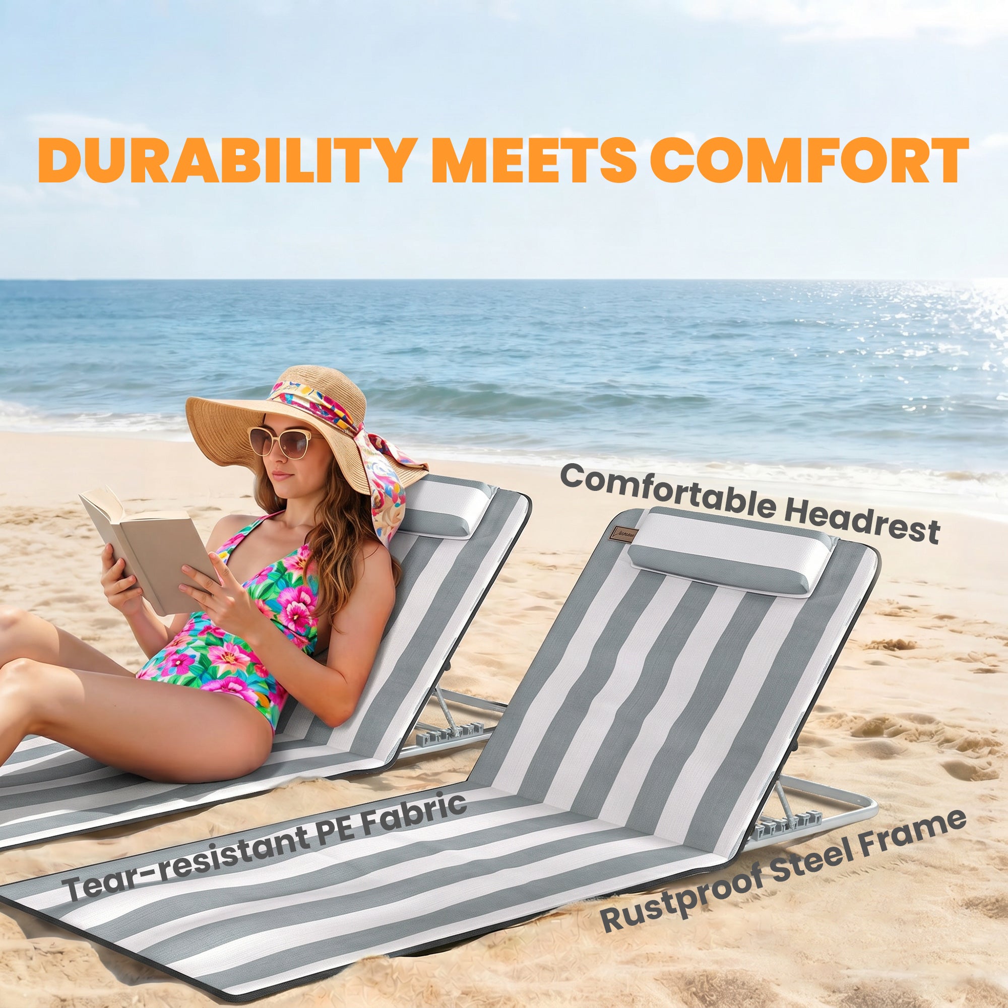 2 Pieces Beach Lounge Chair, Outdoor Folding Chaise Lounge Set w/ Pillow for Sunbath, Snap, Light Grey and White