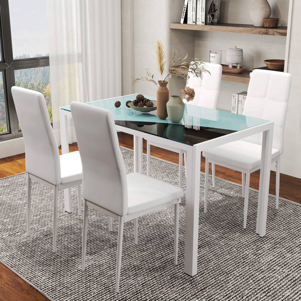 5-Piece Rectangular Glass Kitchen Table and Chairs with Metal Frame and Faux Leather Upholstery for Dining Room, White