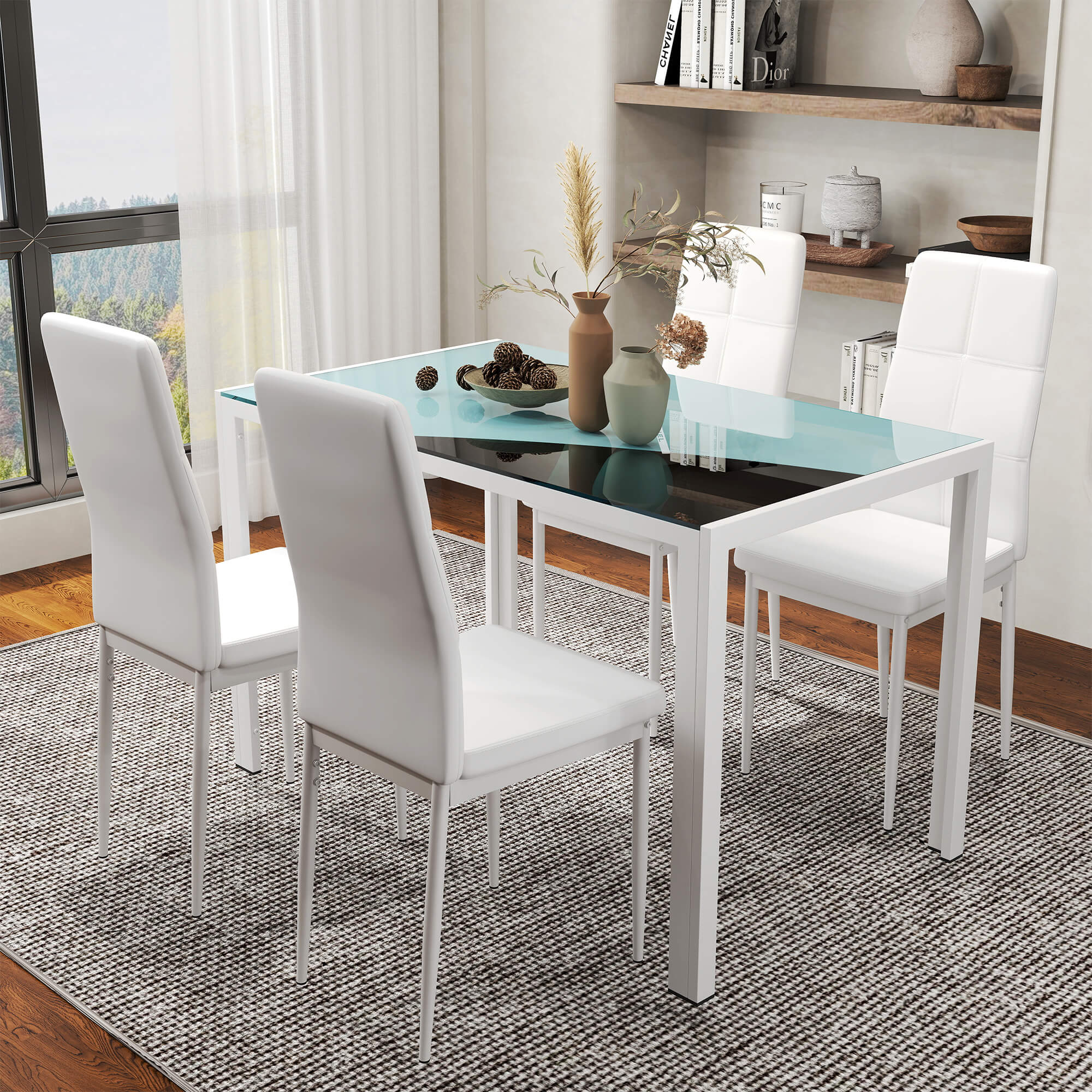 5-Piece Rectangular Glass Kitchen Table and Chairs with Metal Frame and Faux Leather Upholstery for Dining Room, White