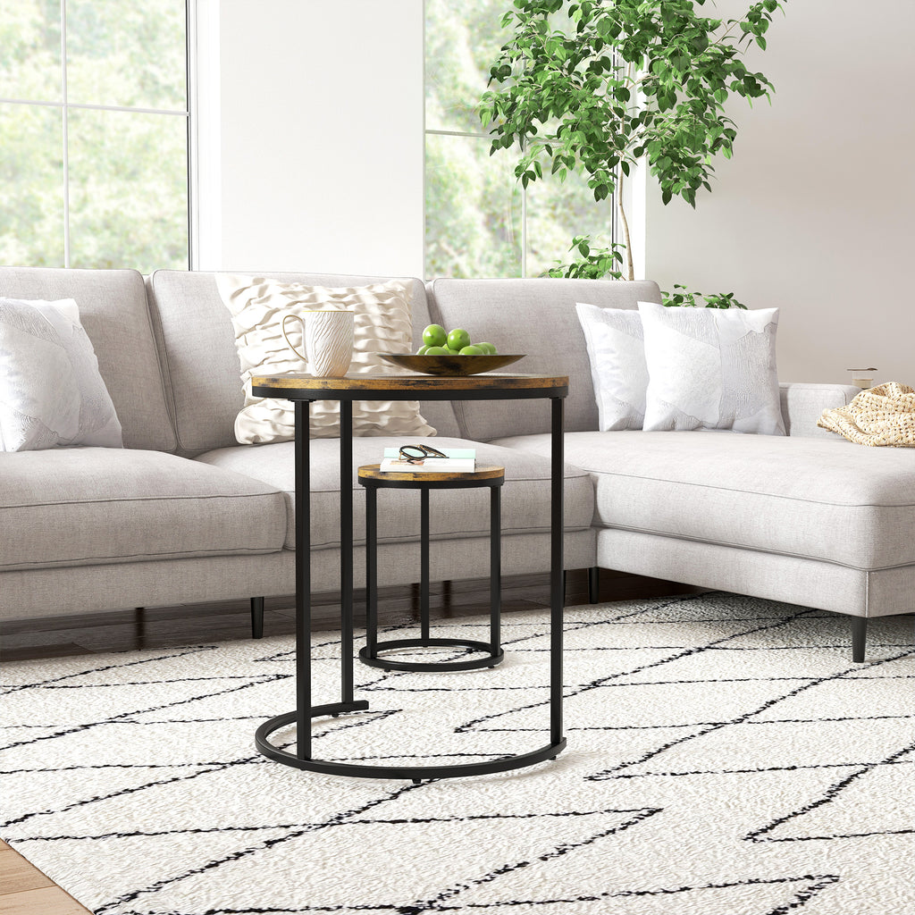 Nesting Coffee Tables Set of 3, Stacking Round Side Tables with Steel Frame for Living Room, Rustic Brown