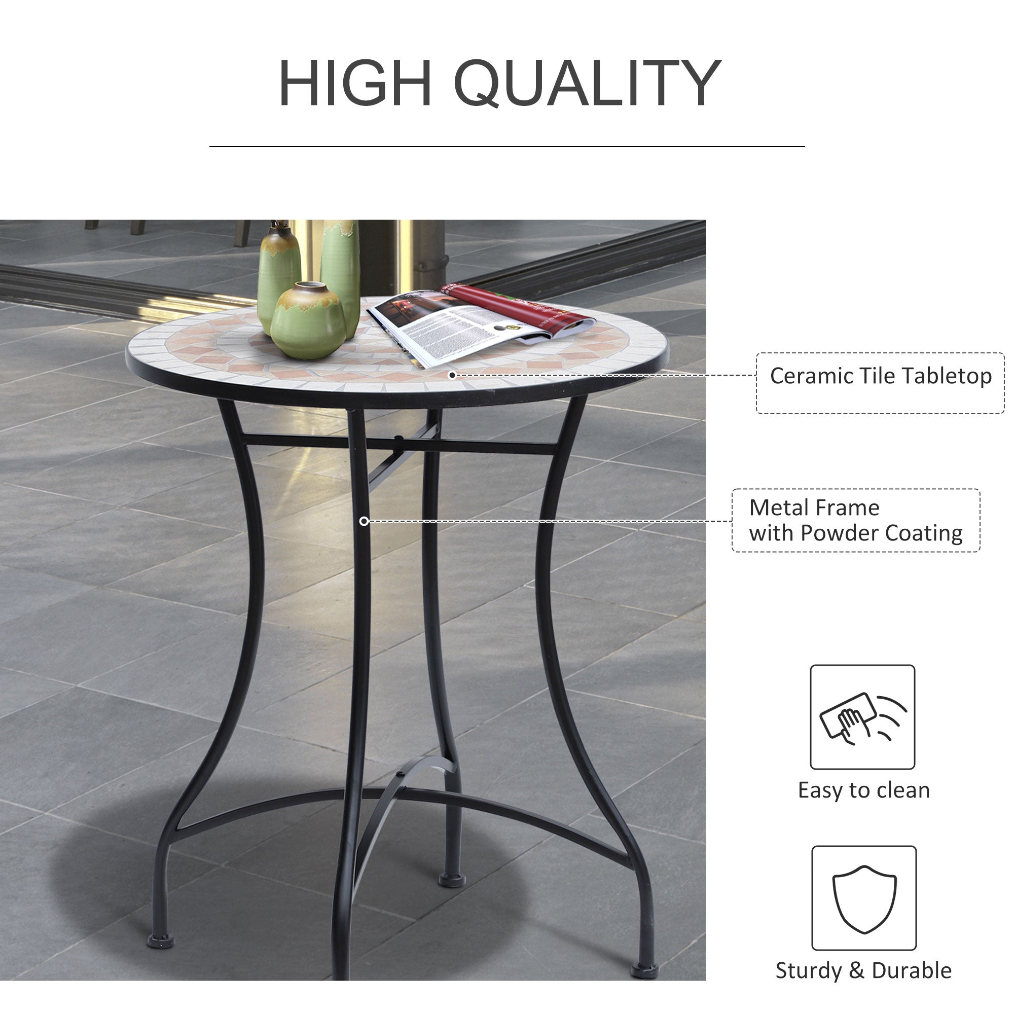 23.5" Mosaic Round Patio Table, Metal Side Bistro Coffee Table, Outdoor Furniture, Ceramic Tabletop for Garden Lawn