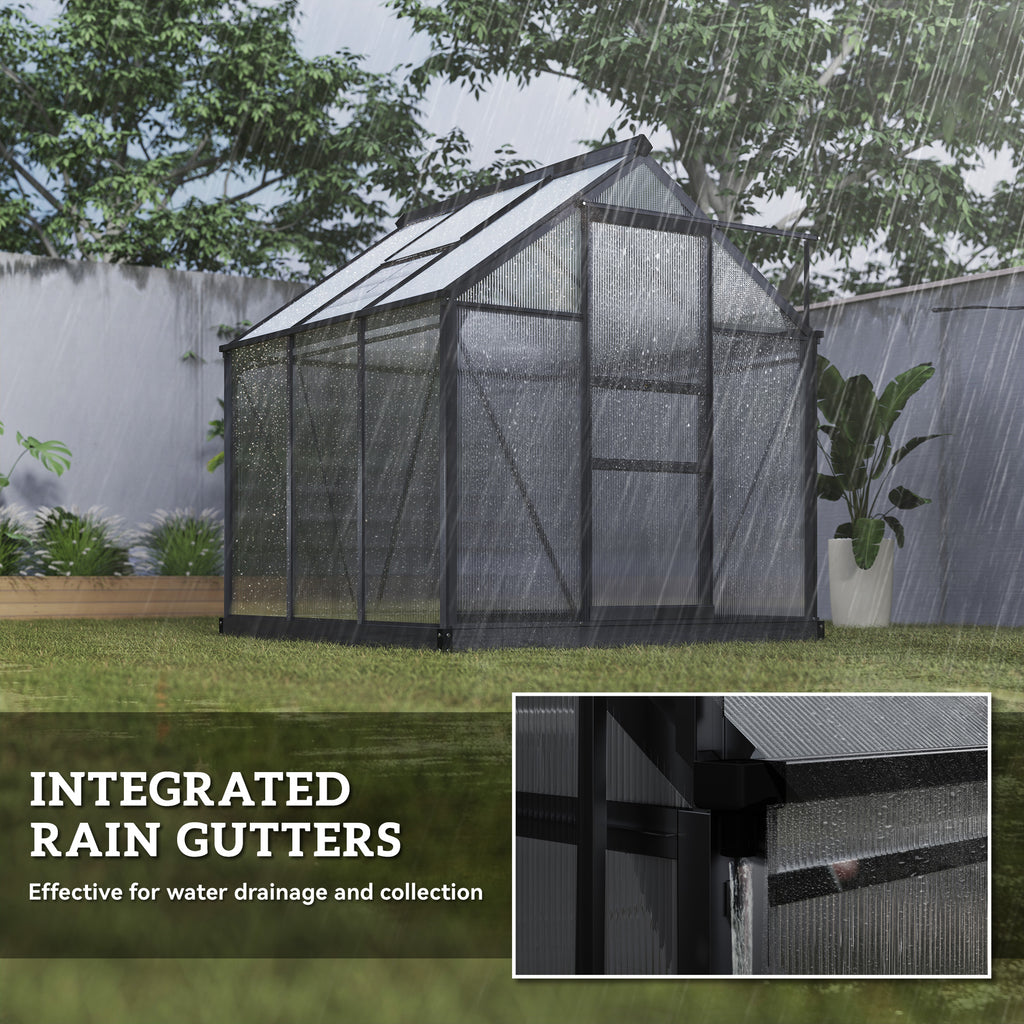 Patio Greenhouse with Rain Gutters, Rooftop Vent, Outdoor Greenhouse Kit, 6.2' x 6.3' x 6.6', Grey