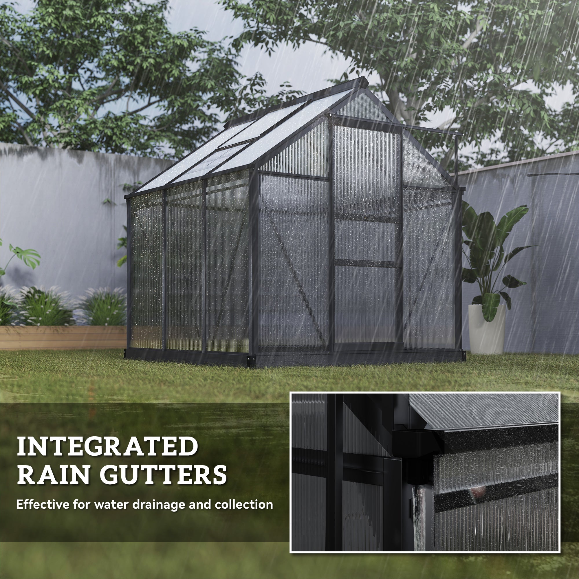 Patio Greenhouse with Rain Gutters, Rooftop Vent, Outdoor Greenhouse Kit, 6.2' x 6.3' x 6.6', Grey