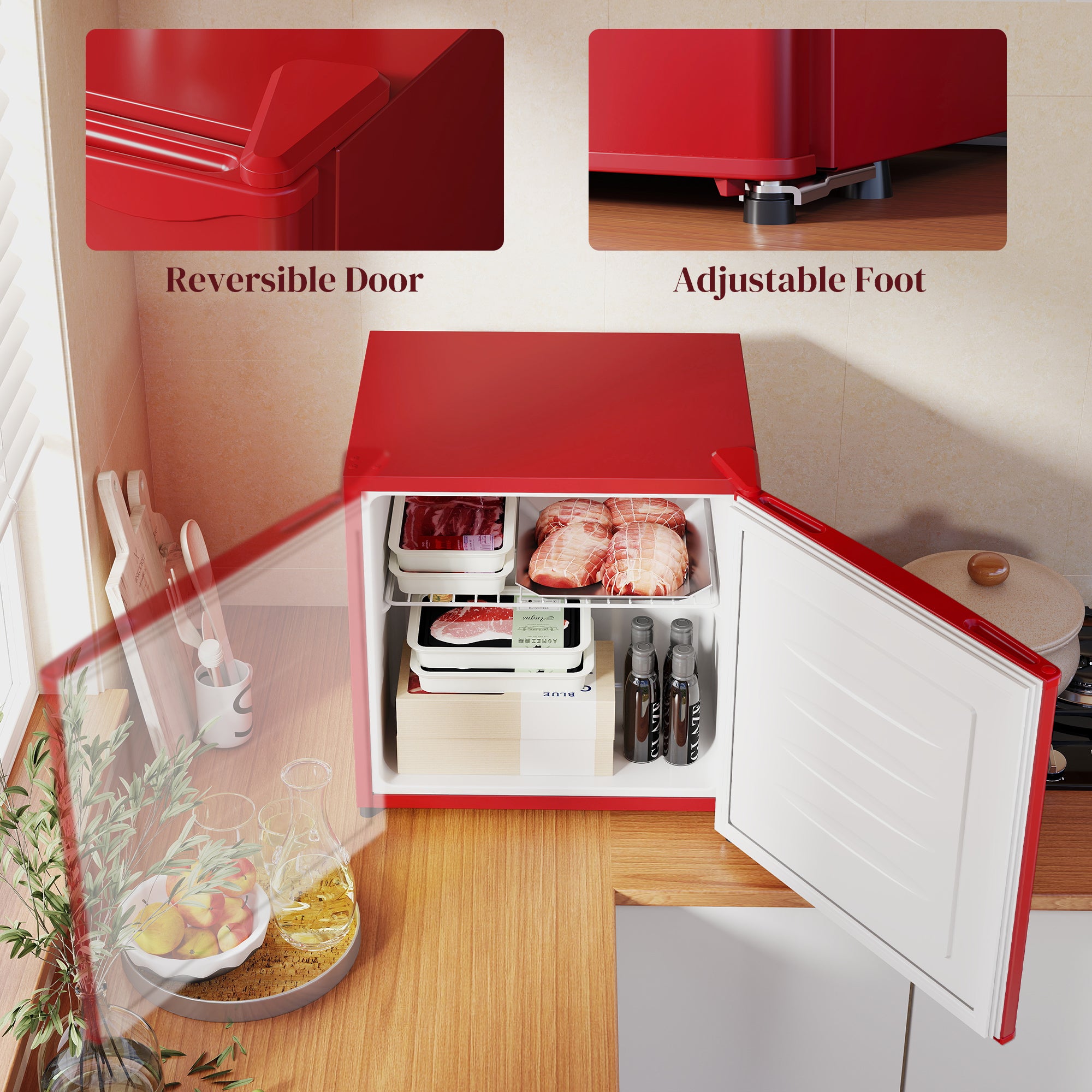 1.1 Cu. Ft. Mini Freezer, Compact Upright Freezer with Reversible Door, Removable Shelf, Adjustable Temperature, Red