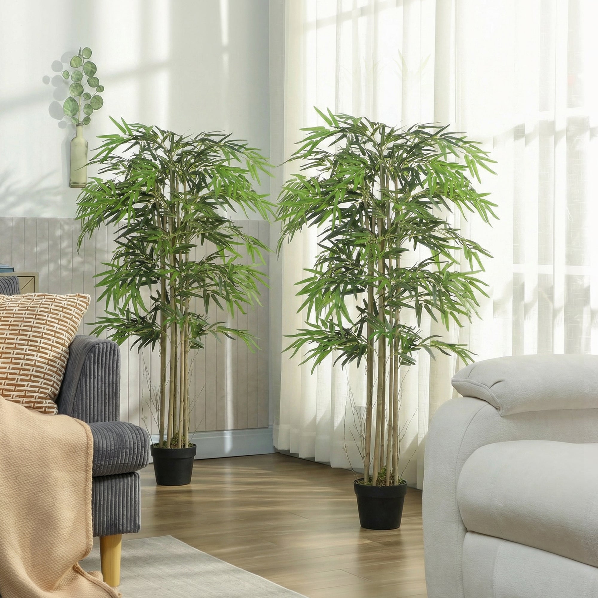 5FT Artificial Bamboo Tree Set of 2, Fake Plant with 1095 Leaves, Greenery Plant in Nursery Pot for Indoor, Green