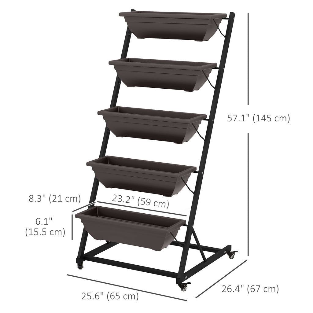 5-Tier Vertical Raised Garden Planter with 5 Boxes, Wheels, Outdoor Plant Stand for Vegetable Flowers, Brown