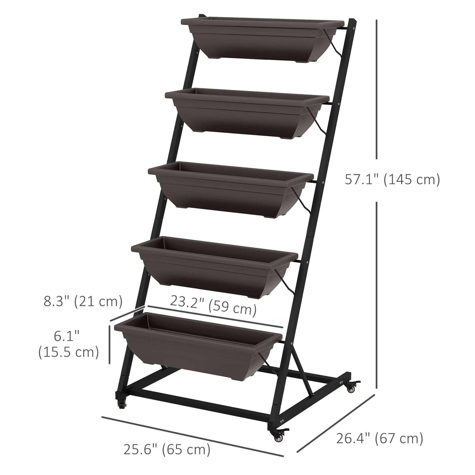 5-Tier Vertical Raised Garden Planter with 5 Boxes, Wheels, Outdoor Plant Stand for Vegetable Flowers, Brown
