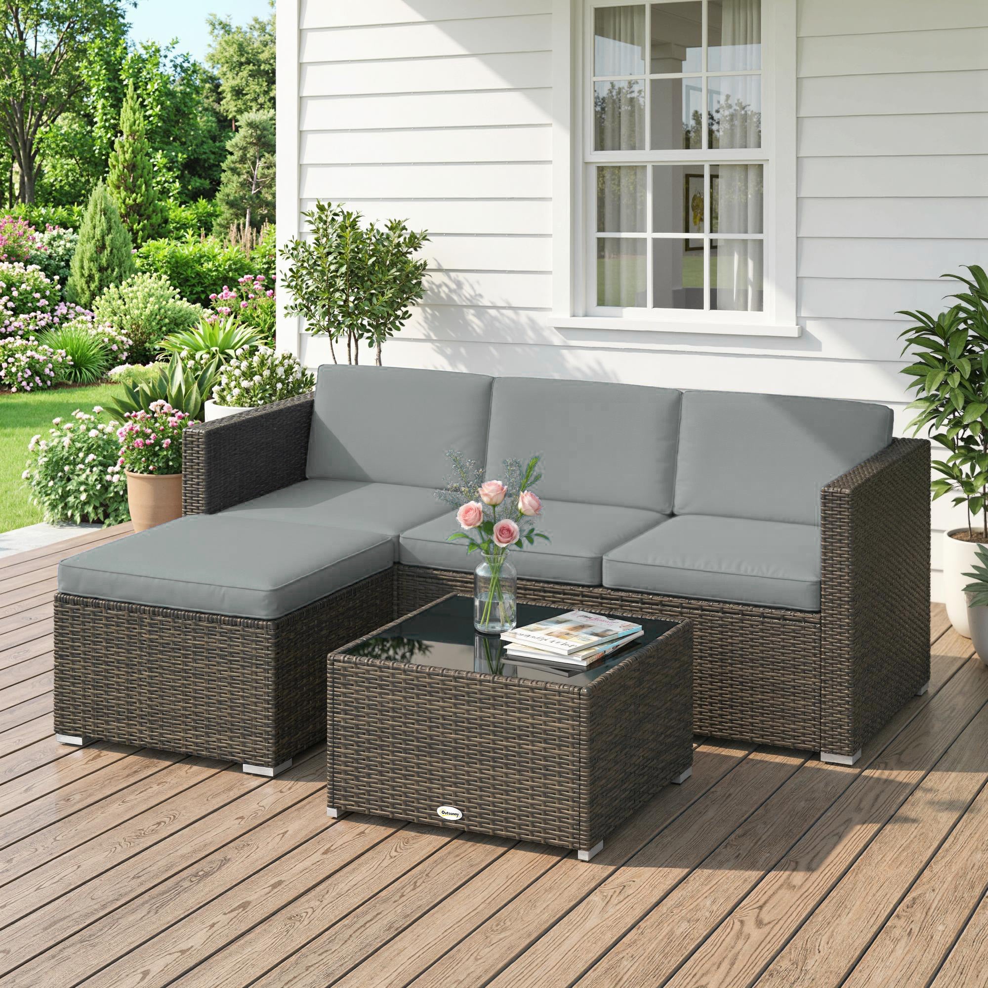 3 Pieces Patio Furniture Set with Cushions, Outdoor PE Rattan Wicker Conversation Corner Sofa Set with Glass Top Table