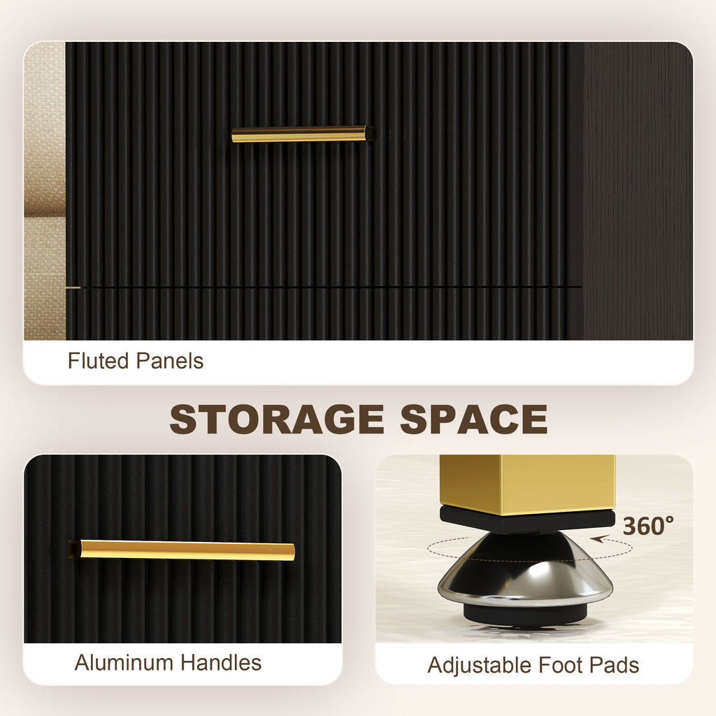 2 Pieces Nightstands with Storage, Modern Bedside Tables with 2 Fluted Drawers and Gold Legs for Bedroom, Black