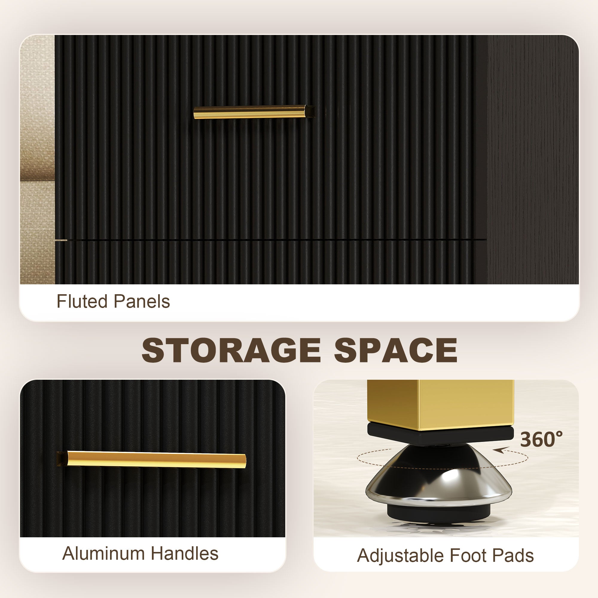 2 Pieces Nightstands with Storage, Modern Bedside Tables with 2 Fluted Drawers and Gold Legs for Bedroom, Black