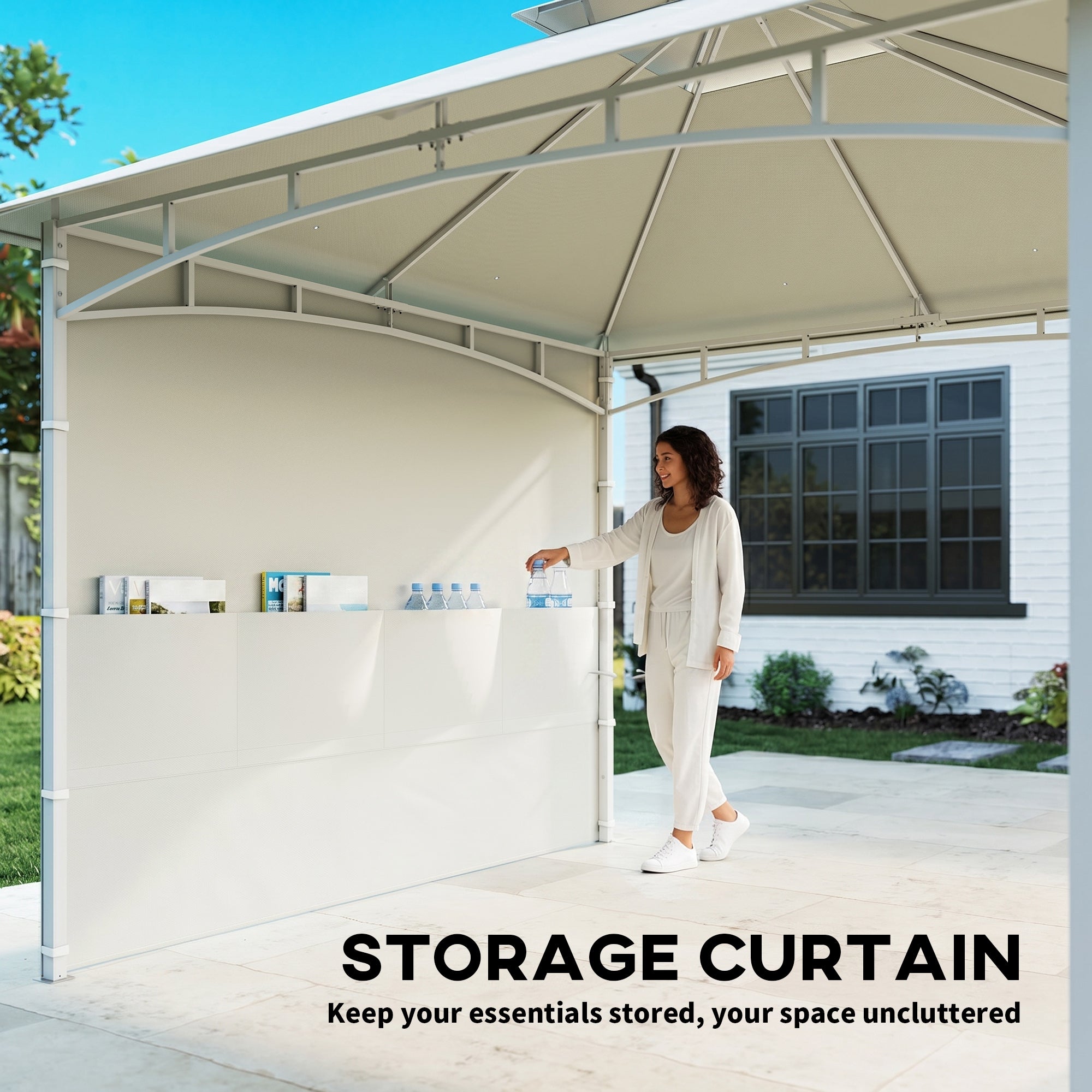 10' x 10' Patio Gazebo, Double Roof Outdoor Gazebo Canopy Shelter with Storage, Hook, Metal Frame, Cream White