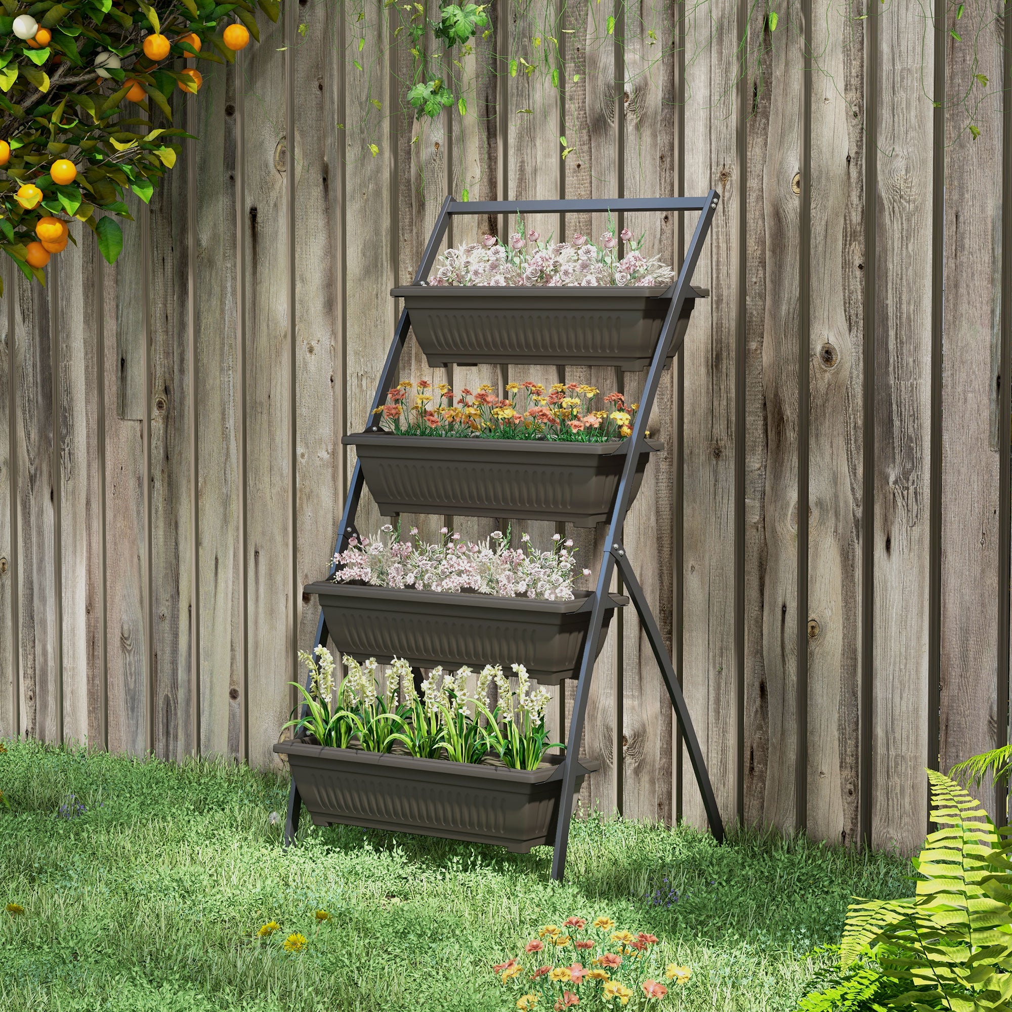 4-Tier Vertical Raised Garden Planter with 4 Boxes, Outdoor Plant Stand Grow Container for Vegetable Flowers, Brown