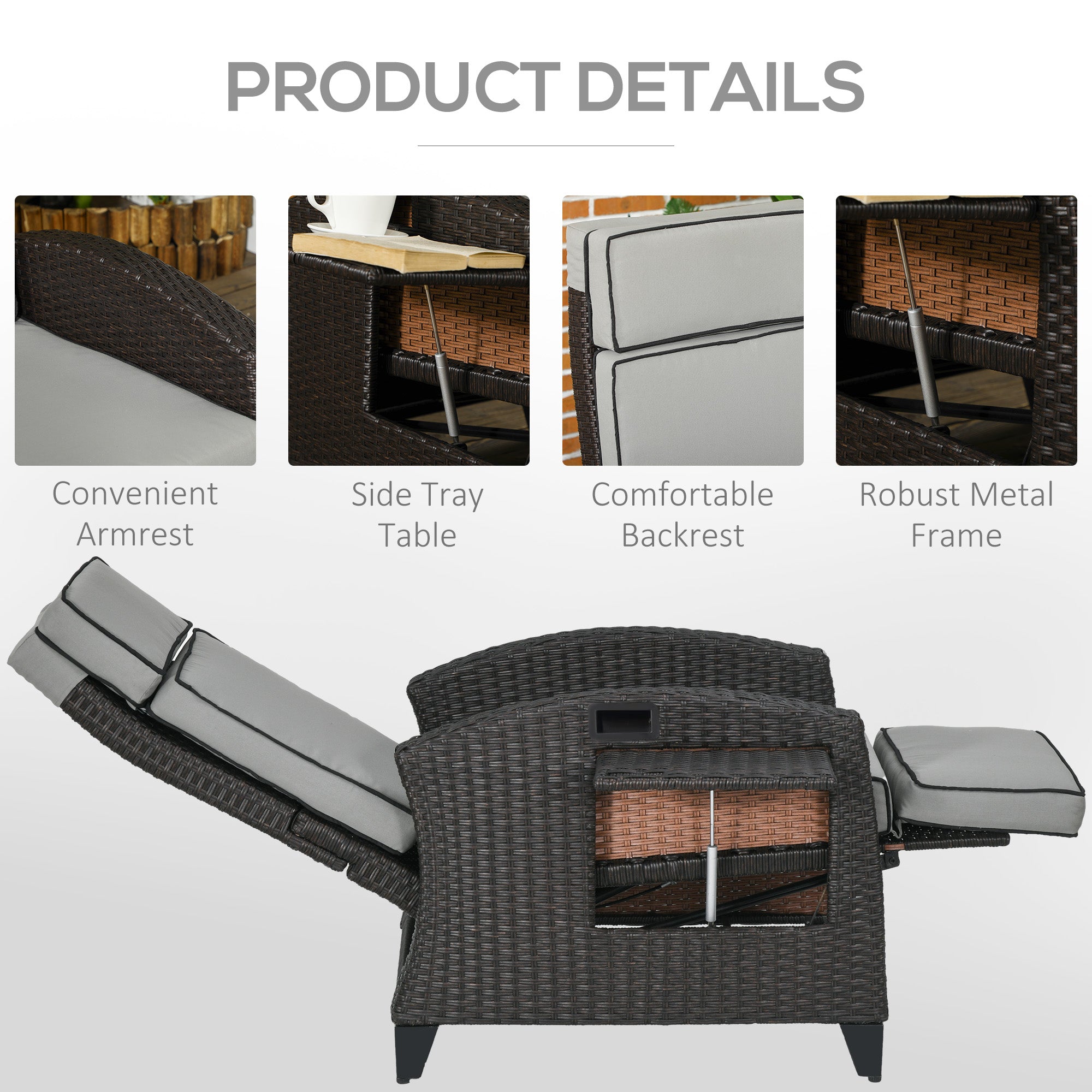 Wicker Recliner Chair with Adjustable Backrest and Footrest, Washable Cushion, Side Tray, Light Grey