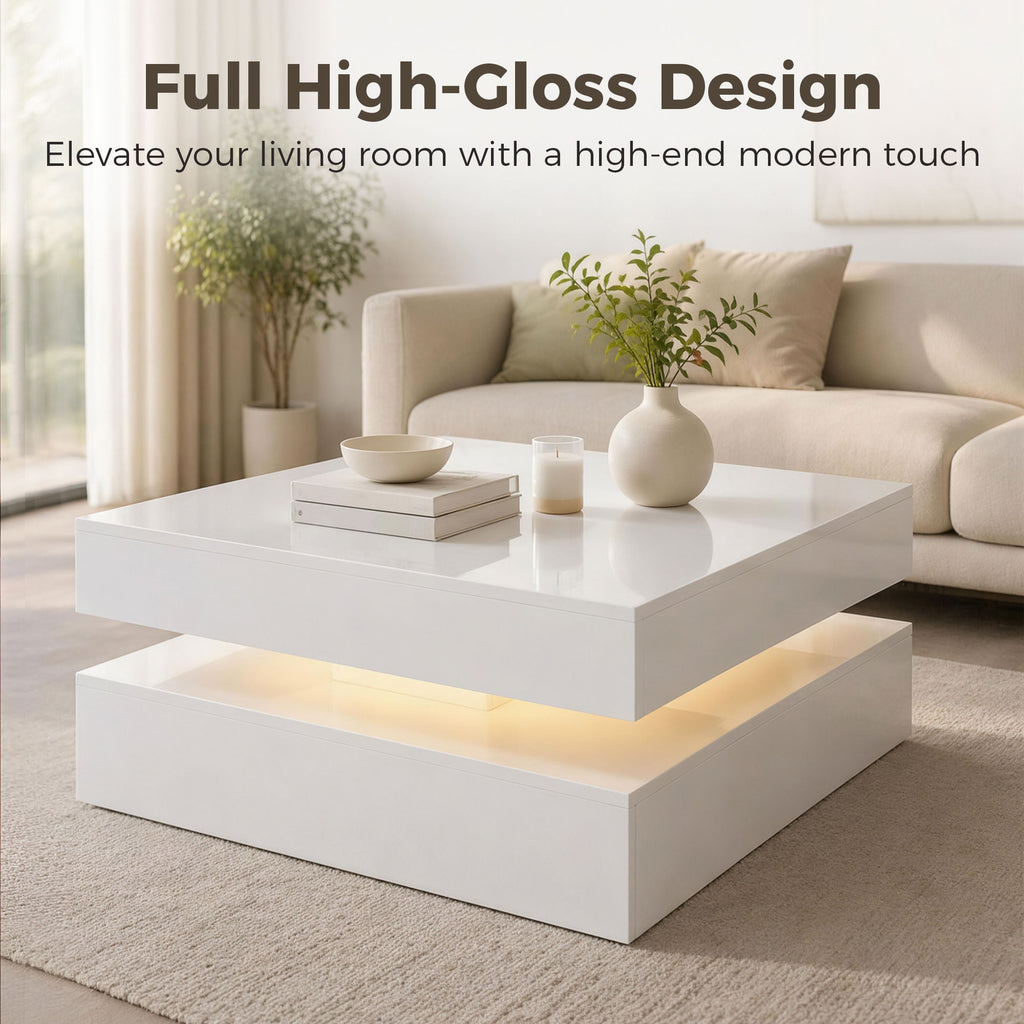 LED Coffee Table with Storage, 2-Tier Modern Center Table with Open Shelf and Remote for Living Room, High Gloss White