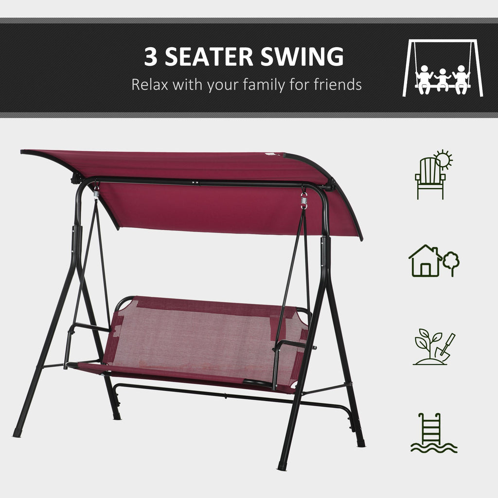 3-Seater Outdoor Porch Swing with Adjustable Canopy, Patio Swing Chair for Garden, Poolside, Backyard, Wine Red