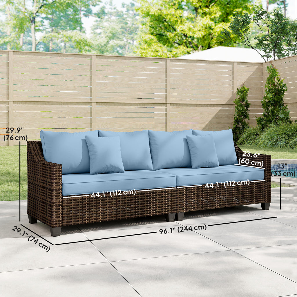 PE Wicker Outdoor Couch Sofa, 4-Seater Modular Patio Furniture Lounge Set with 2 Loveseats, Cushions, Pillows, Blue