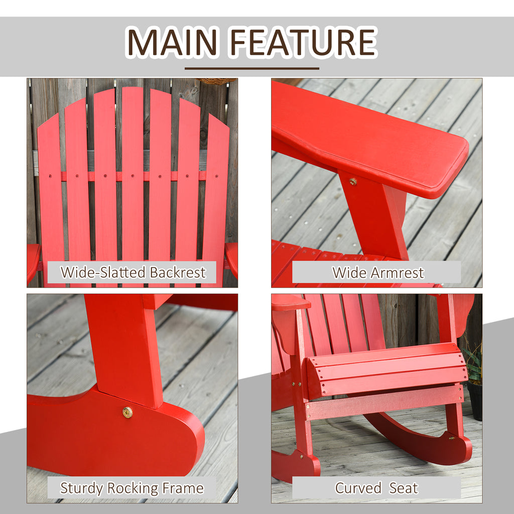 Wooden Adirondack Rocking Muskoka Chair with Slatted Wooden Design, Fanned Back and Classic Rustic Style, Red