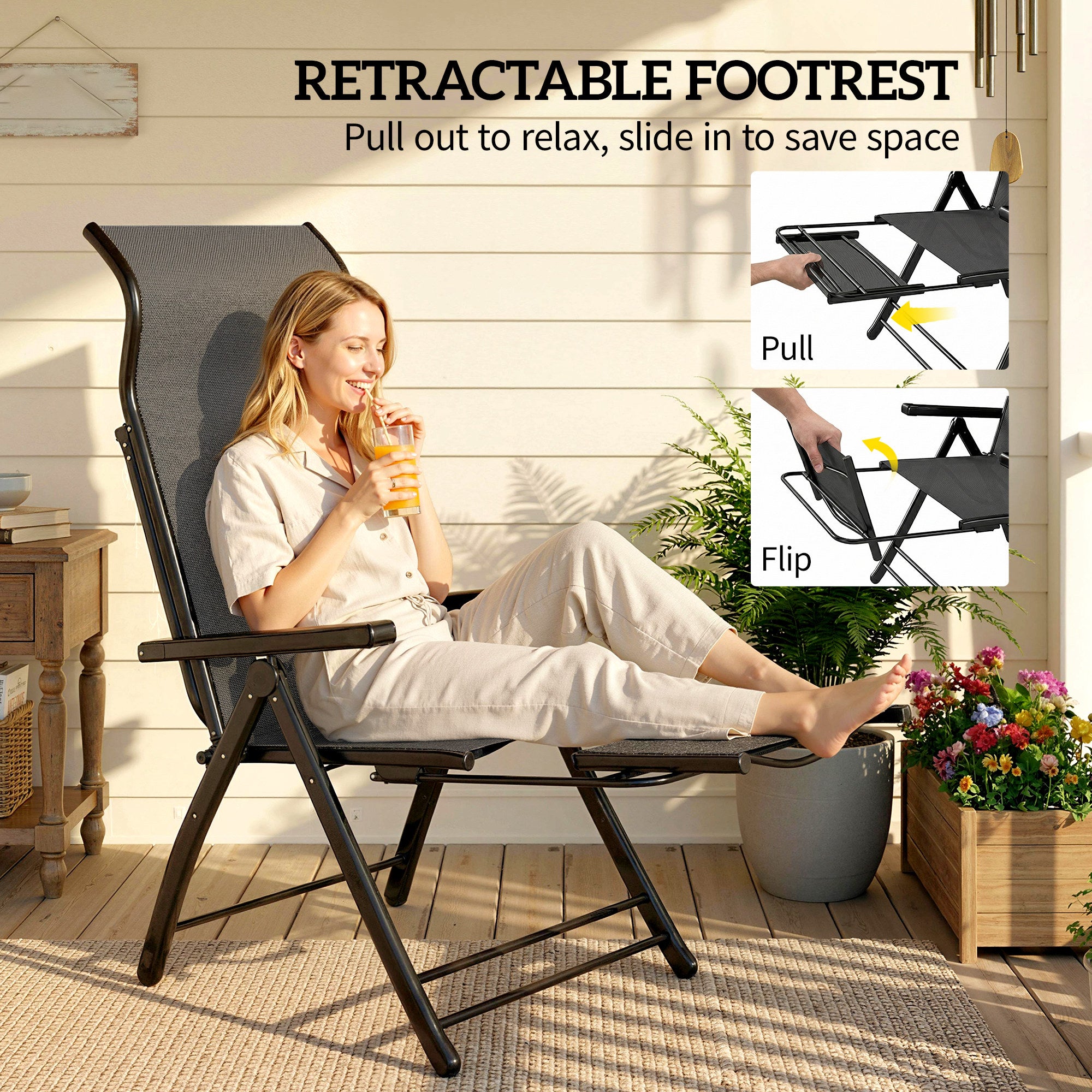 Folding Patio Chairs Set of 2, 5-Position Outdoor Lounge Chairs with High Back, Retractable Footrest, Dark Grey