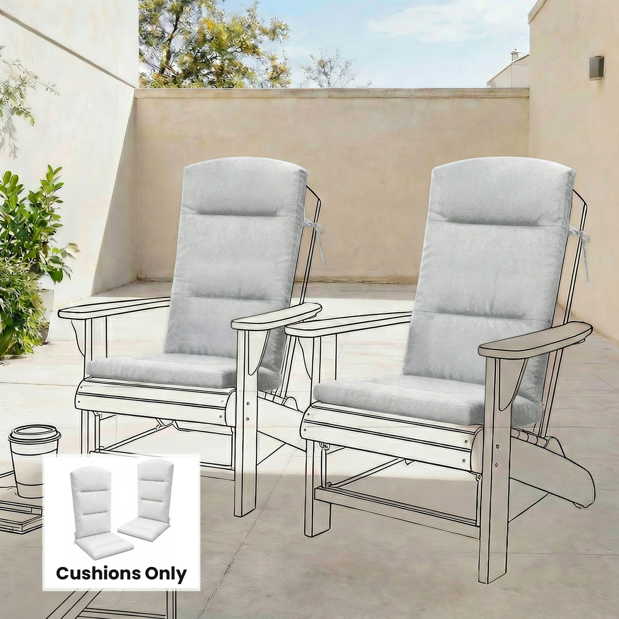 Patio Chair Cushion for Adirondack Chairs Replacement Cushion with Back and Ties, Light Grey