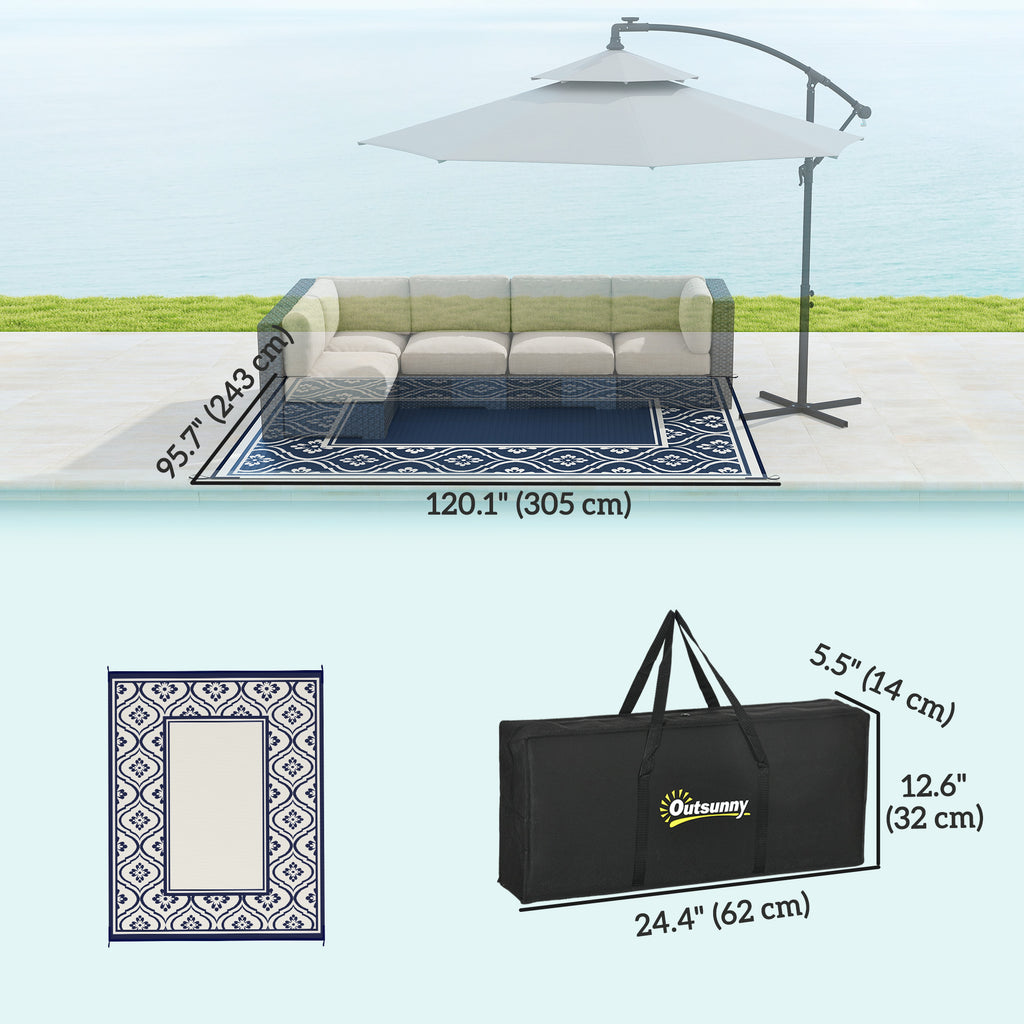 8' x 10' Outdoor RV Rug, Reversible Patio Floor Mat with Carry Bag, Gourd Border, Blue and White