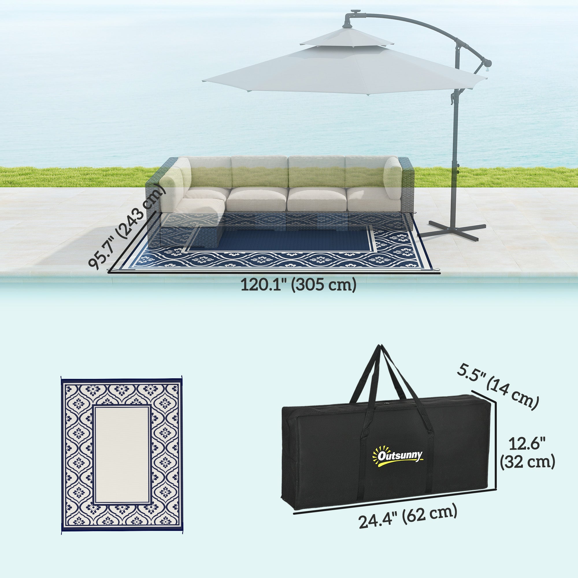 8' x 10' Outdoor RV Rug, Reversible Patio Floor Mat with Carry Bag, Gourd Border, Blue and White
