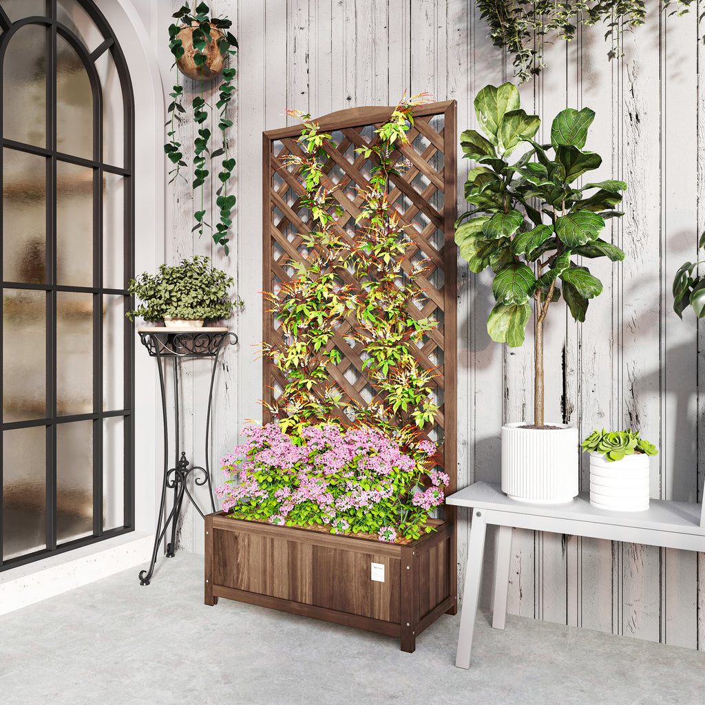 Wood Planter with Trellis, Raised Garden Bed to Grow Vegetables for Backyard, 30" x 14" x 67", Dark Brown