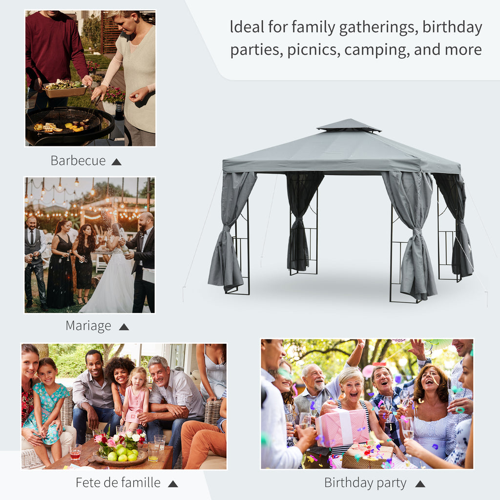 10' x 10' Patio Gazebo Outdoor, Canopy Shelter with Double-tier Roof, Pavilion Sidewalls for Garden Events, Dark Grey