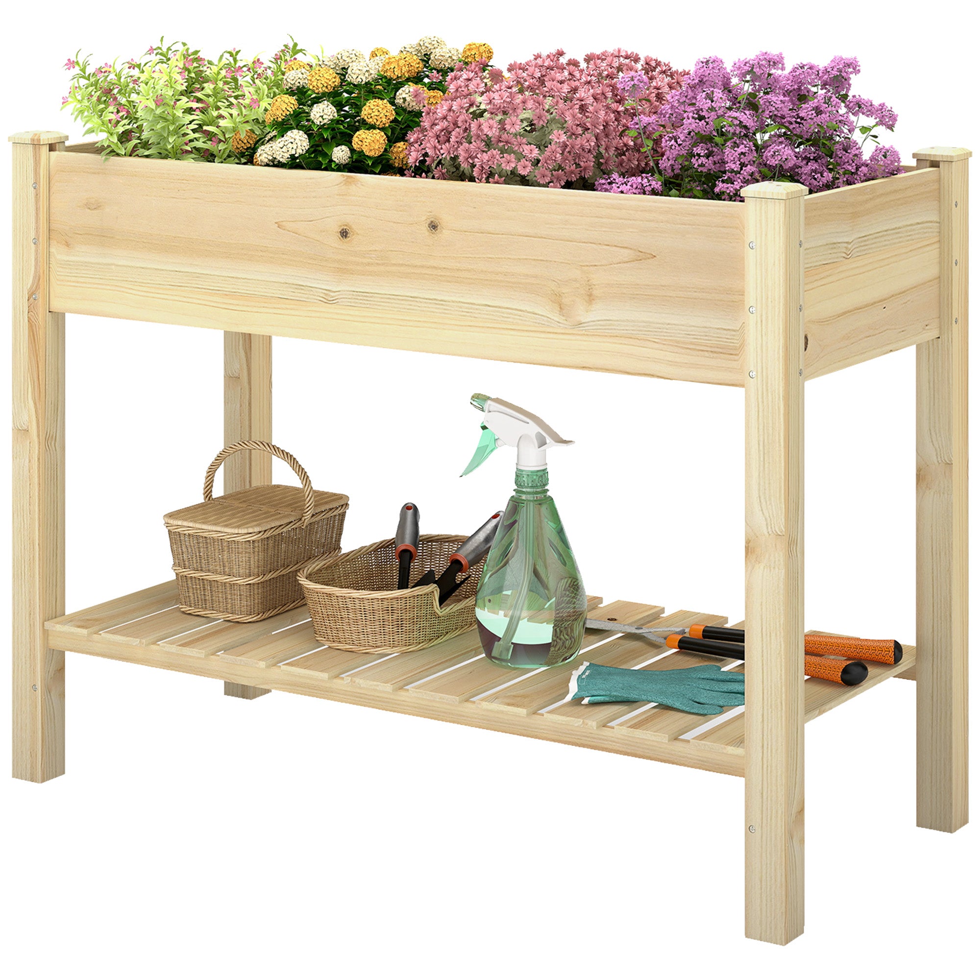 Elevated Planter Box with Legs and Storage Shelf, Raised Garden Bed, Elevated Wooden Planter Box, Natural