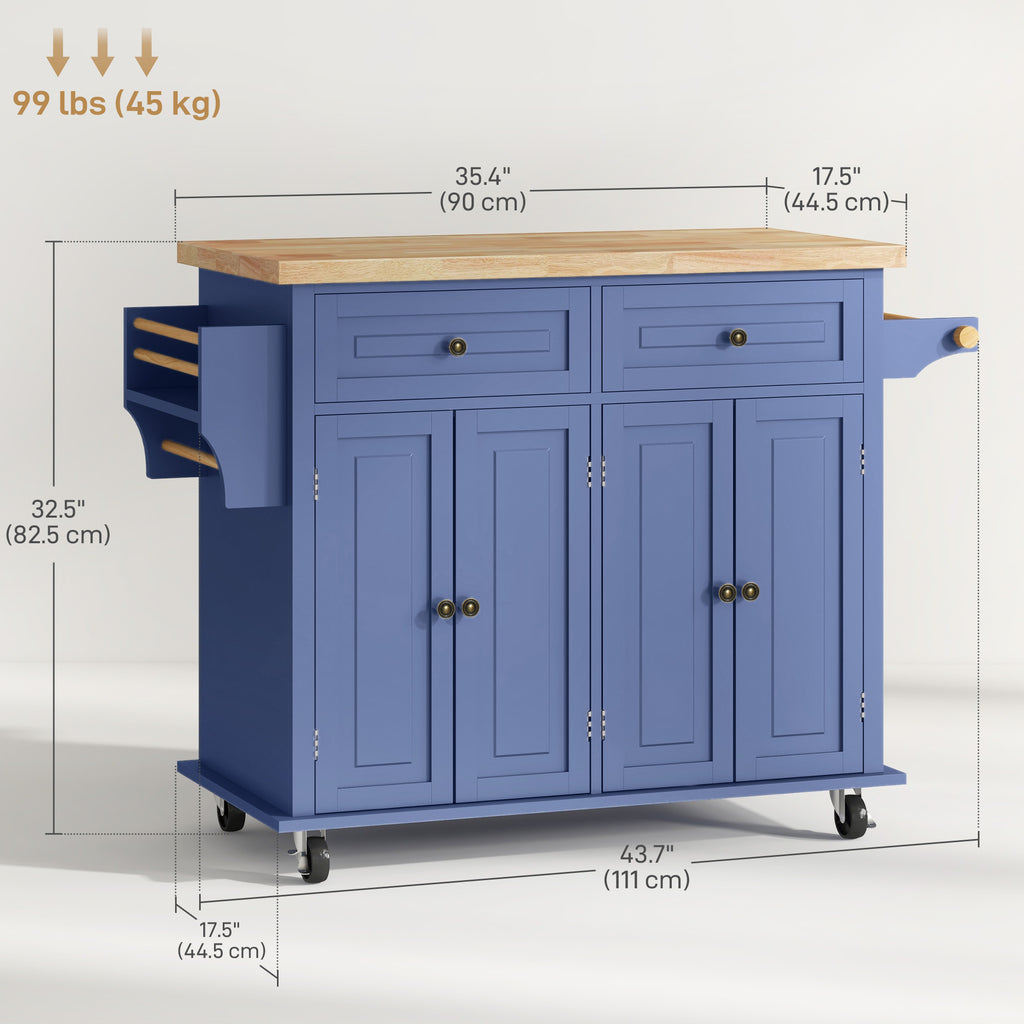 Kitchen Island with Storage, Rolling Trolley Cart with Rubber Wood Top, Spice Rack, Towel Rack, Navy Blue
