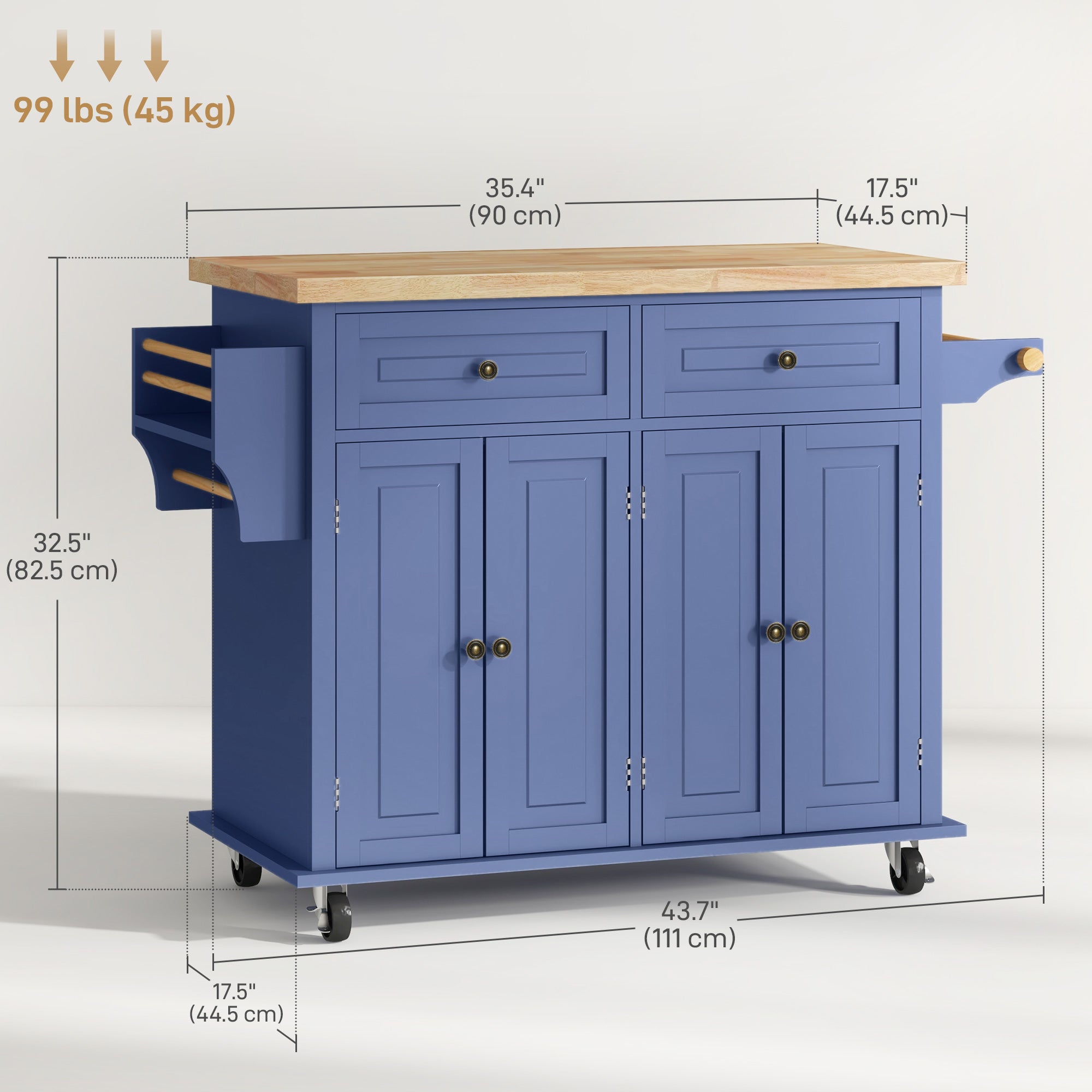 Kitchen Island with Storage, Rolling Trolley Cart with Rubber Wood Top, Spice Rack, Towel Rack, Navy Blue