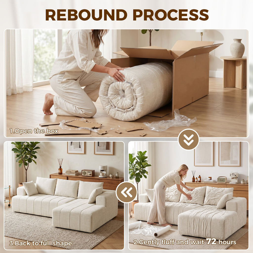 101" Modular Sectional Sofa with Chaise, Chenille Boneless Cloud Sofa Bed, 3 Seater L-Shaped Couch, No Assembly, Beige