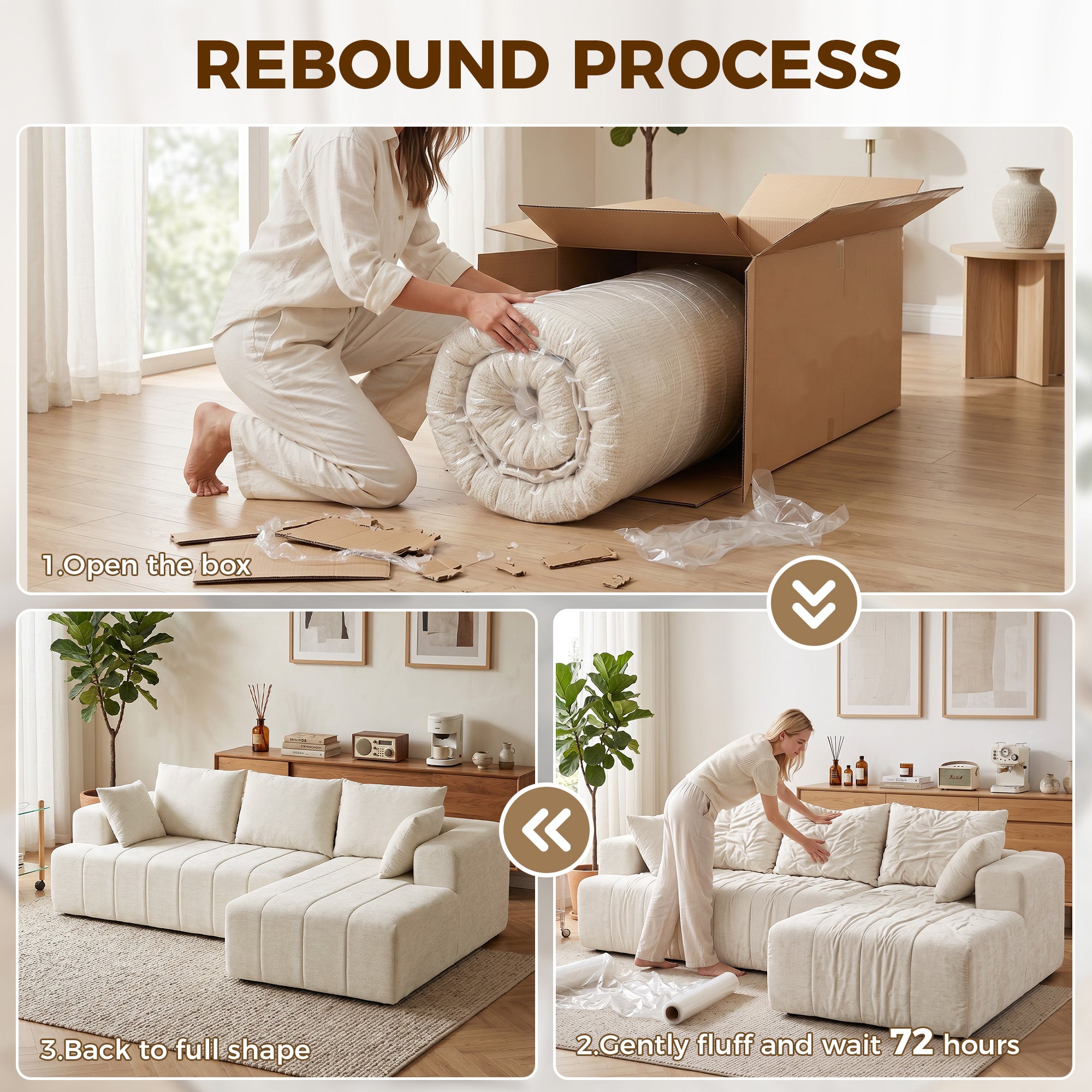 101" Modular Sectional Sofa with Chaise, Chenille Boneless Cloud Sofa Bed, 3 Seater L-Shaped Couch, No Assembly, Beige