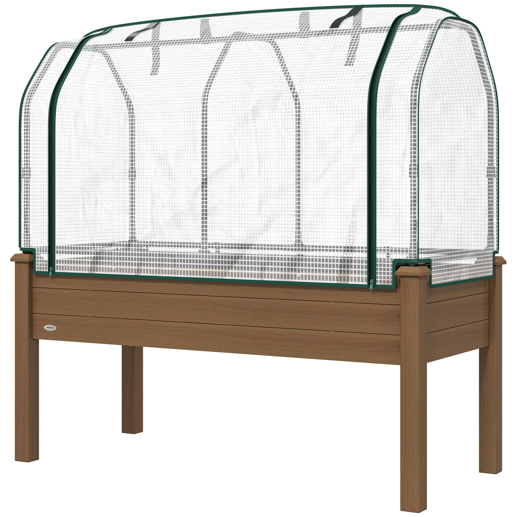 Raised Garden Bed with PE Greenhouse Cover Outdoor Elevated Wood Planter Box for Herbs and Vegetables Brown