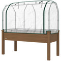 Raised Garden Bed with PE Greenhouse Cover Outdoor Elevated Wood Planter Box for Herbs and Vegetables Brown