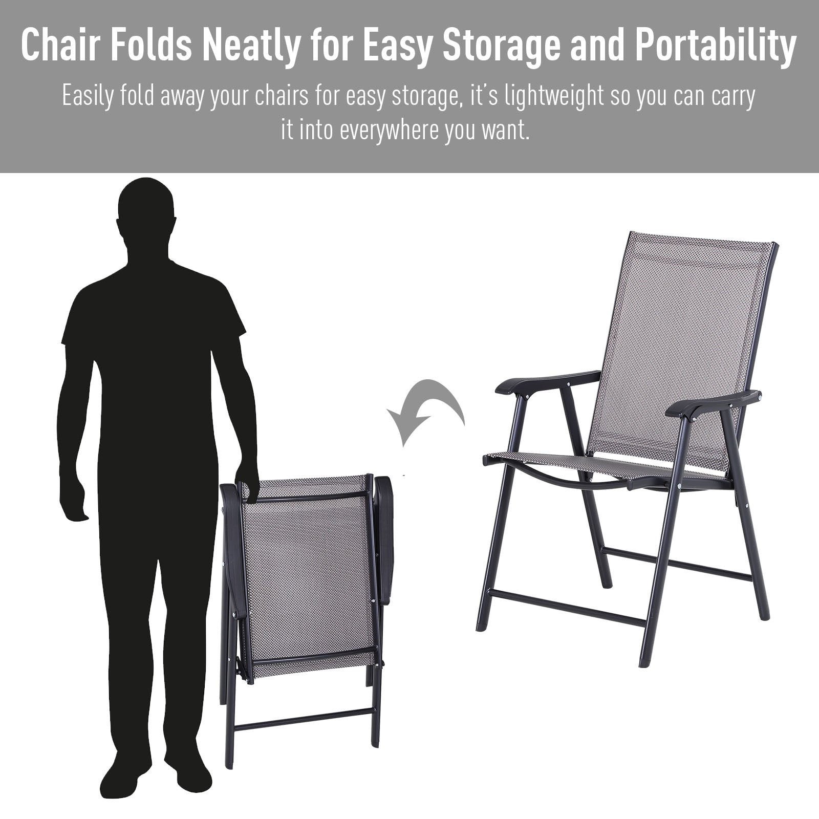 2-Piece Folding Dining Chair Set for Relaxing on Patio, Balcony, or Garden, Comfortable Outdoor Furniture with Armrests, Grey
