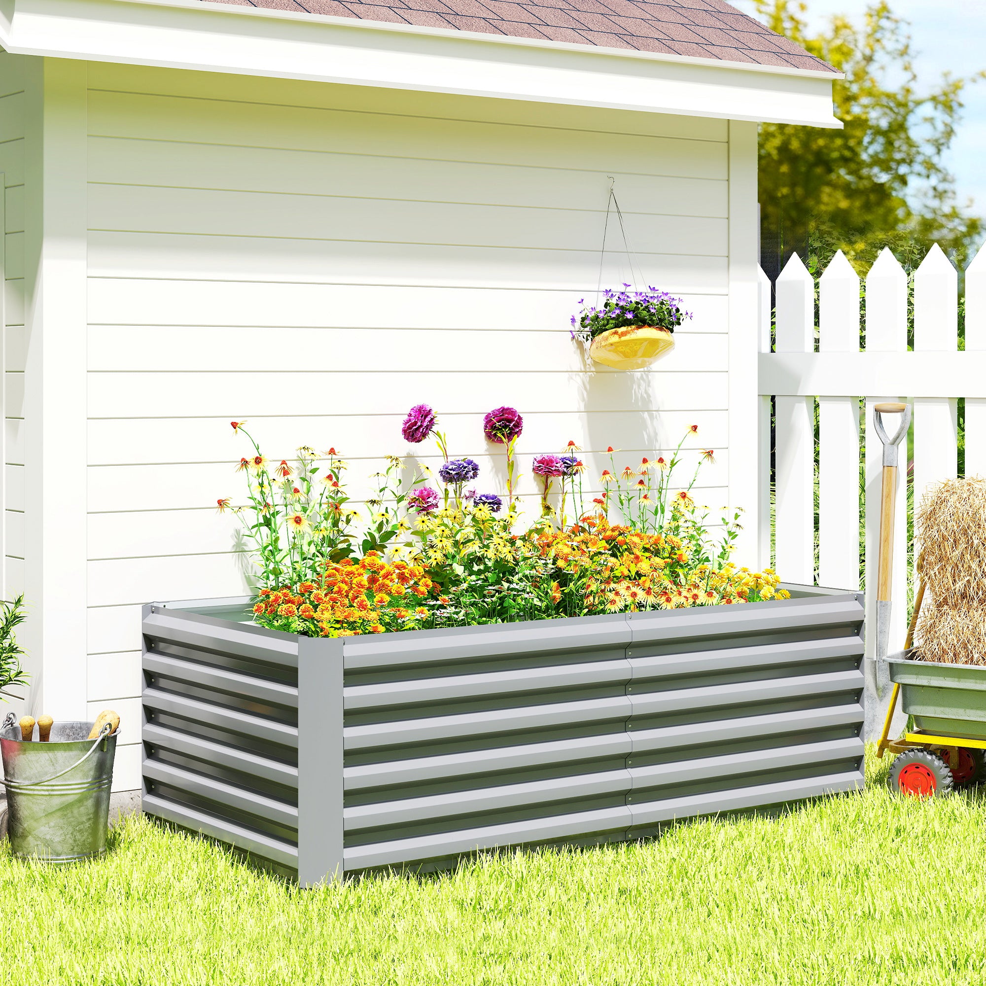 6' x 3' x 2' Raised Garden Bed, Galvanized Planter Box for Growing Flowers, Herbs and Vegetables, Light Grey