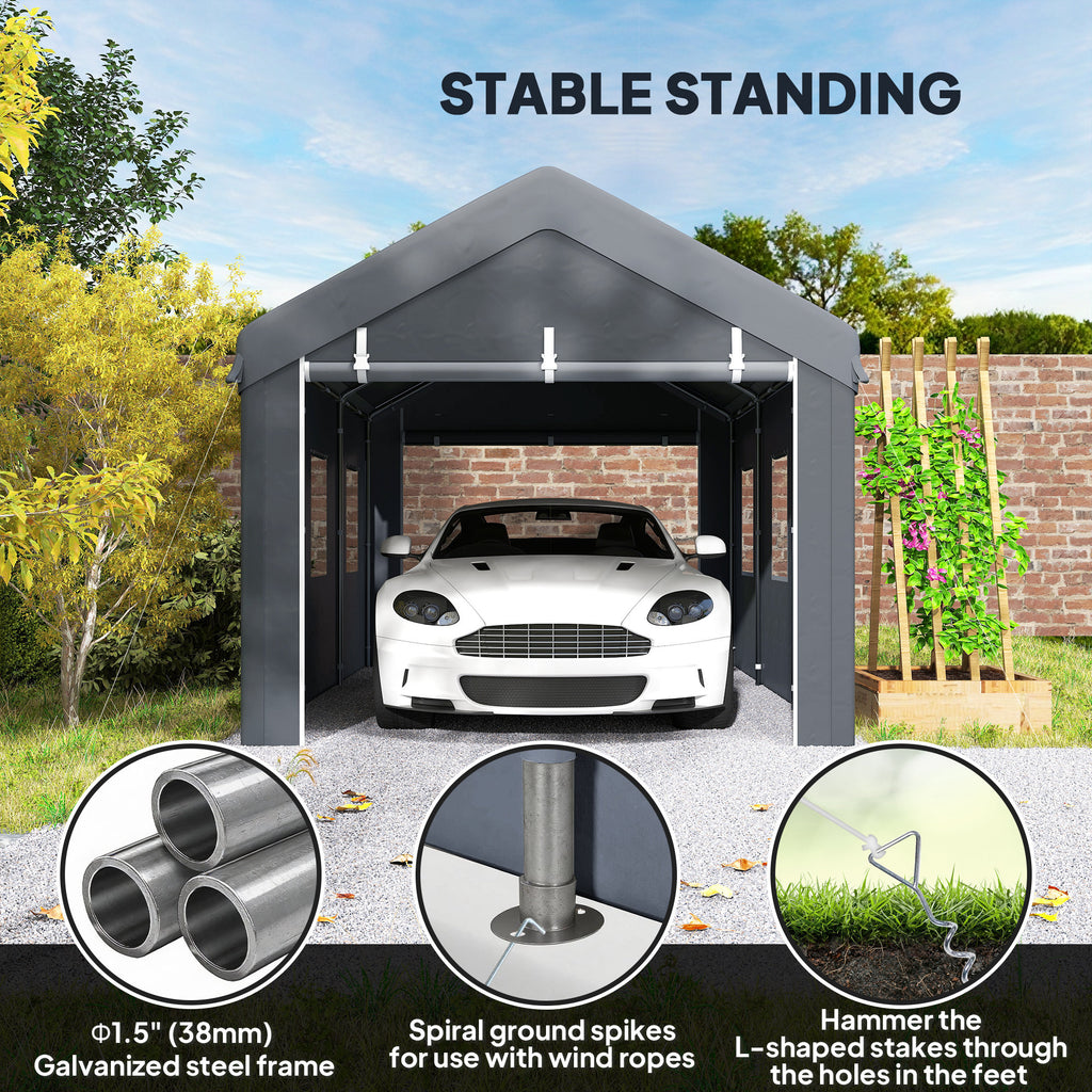 10' x 20' Carport, Heavy Duty Portable Garage with 6 Mesh Windows and 2 Doors, Dark Grey